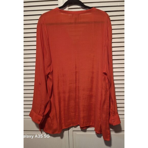 Catherines Womens Button-Up Pleated Blouse 1X 16/18W Orange Rayon/Polyester Long - Picture 5 of 7
